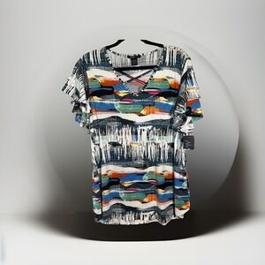 Robert Louis Abstract Print Flutter Sleeve Top – Crisscross V-Neck, NWT, Size XL